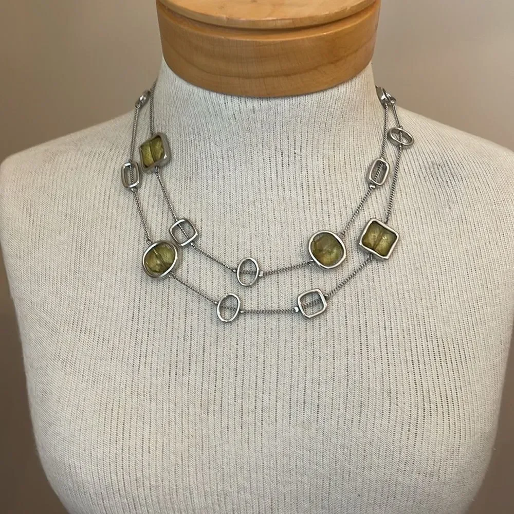Vintage Lia Sophia “Midori” Silver-tone Station Necklace with Green Gems